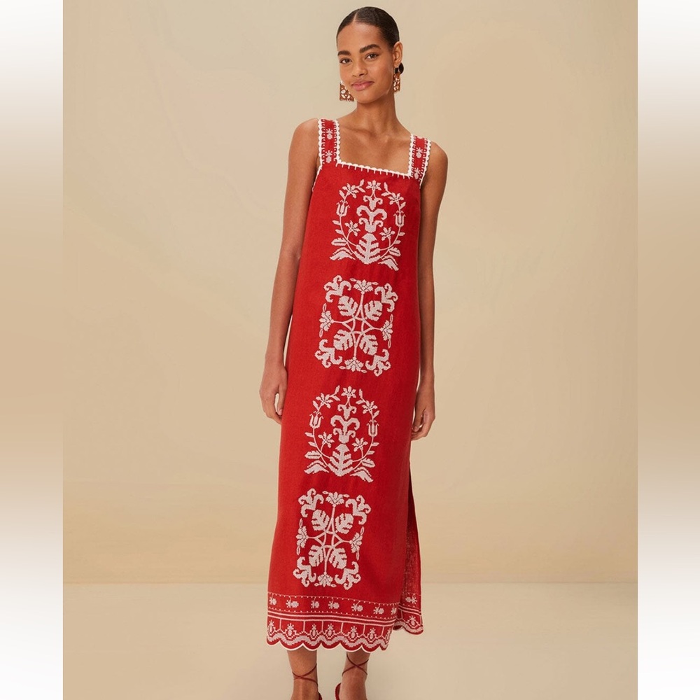 NWT Farm Rio Red Tropical Cross Stitch Embroidered Euroflax™ Premium Linen Dress